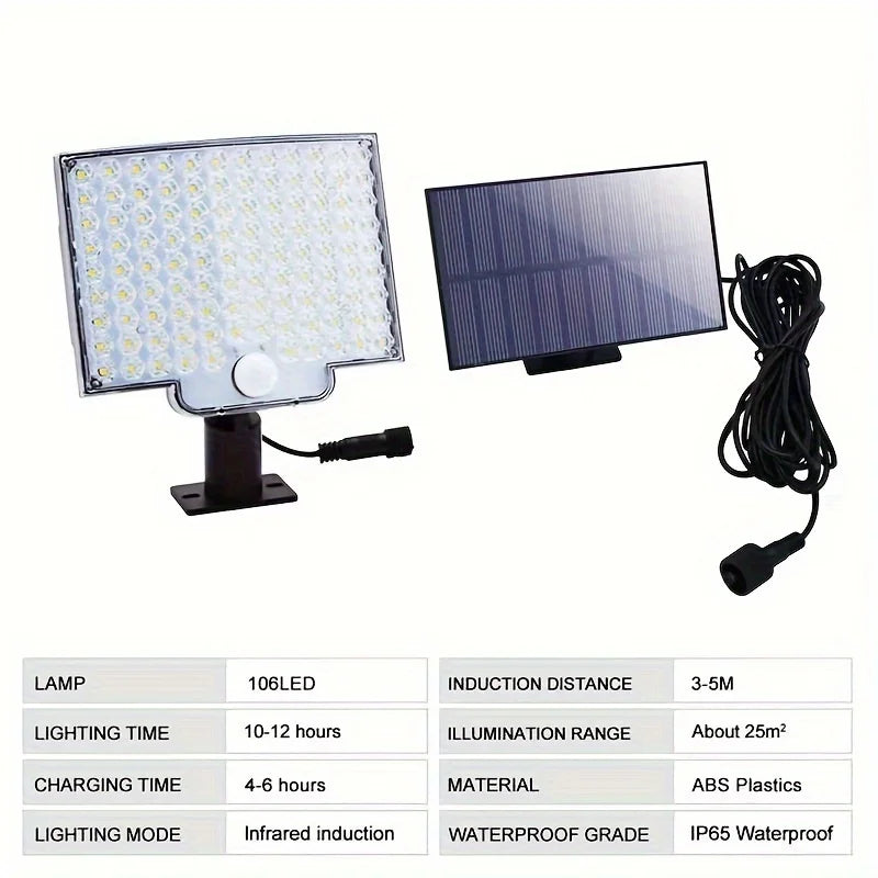 106 LED Solar Motion Light Outdoor Separate Panel Solar Flood Lights 3Light Modes for Garden Garage Street Lamp Outdoor Lighting
