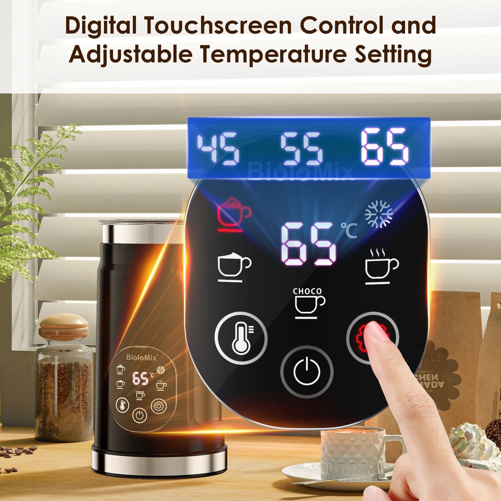 BioloMix 5-in-1 Milk Frother with LED Touch Screen – Hot & Cold Foam Maker for Lattes, Coffee & More