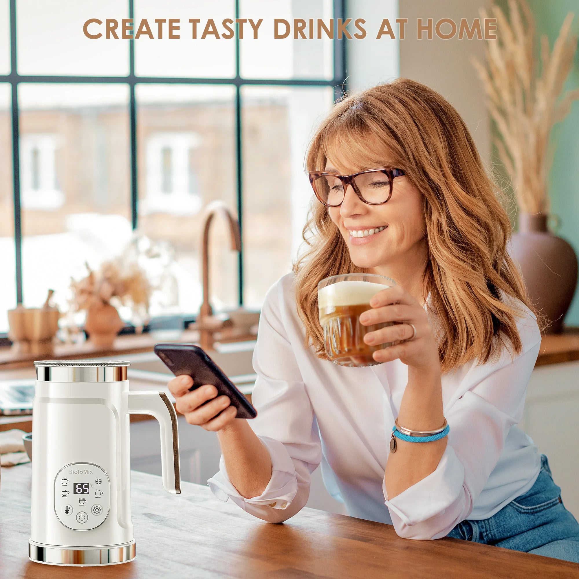 BioloMix 5-in-1 Milk Frother with LED Touch Screen – Hot & Cold Foam Maker for Lattes, Coffee & More