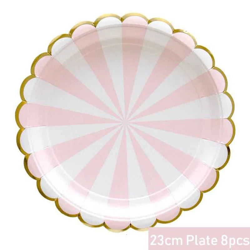 Pink Foil Gold Disposable Paper Plate Birthday Cups Straw For Kids Birthday Baby Shower Baptism Party Wedding Decor Tableware